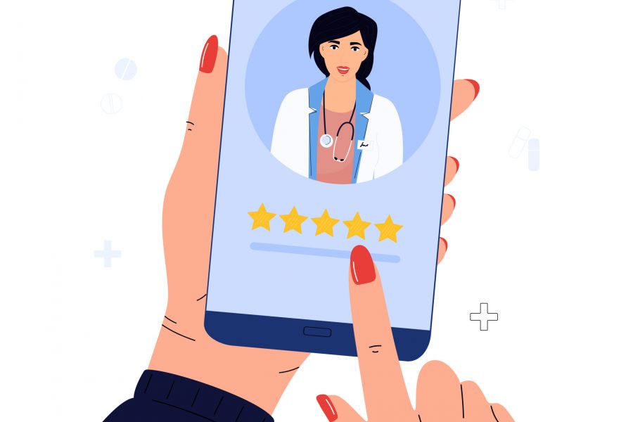 A satisfied patient leaves a good review to the doctor using the mobile application. Hand rates five stars. Customer feedback online. Rating flat concept
